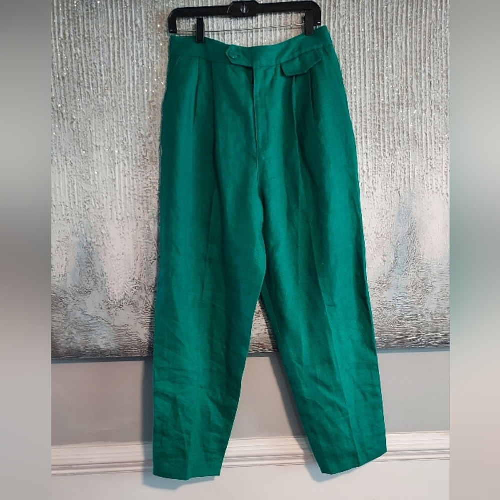 CHAUS Vintage Emersld Green 100% Ramie High Waist Pleated Trousers